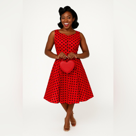 Unique Vintage Orchid Bloom 1950s Red & Black Polka Dot Fit & Flare Swing Dress - Picture 4 of 16